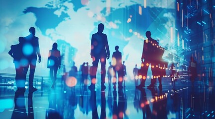 Business people silhouettes standing in a team and working together with digital graphs on a blue background, with a double exposure effect Generative AI