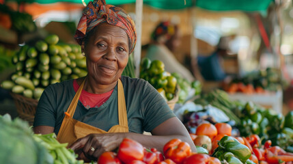 woman in apron buying fresh vegetables at local market