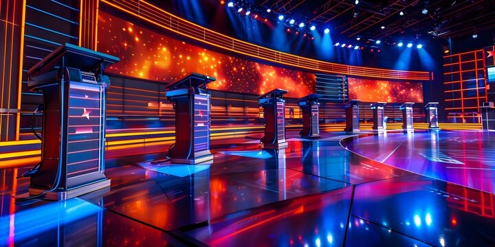 Grand Game Show Set with Podiums, Buzzers, and Spacious Audience Area. Concept Game Show Set, Podiums, Buzzers, Audience Area, Spacious