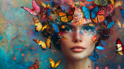 Surreal pop art portrait of a woman with butterflies in her hair, in a dreamlike and imaginative style.