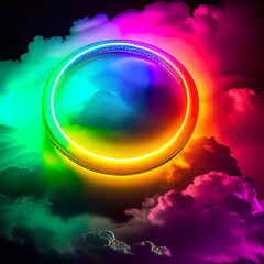 3d render, colorful neon ring glowing inside a thundercloud on a dark sky, abstract background,