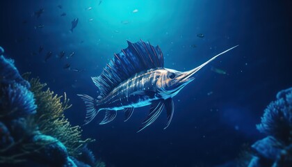 Ikan marlin besar di lautan biru, pemandangan hewan lautan yang memukau