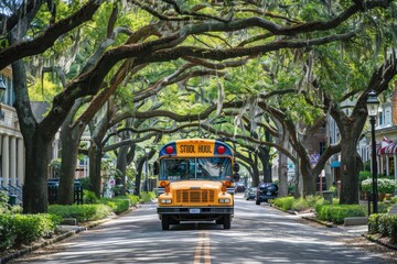 Obraz premium A school bus painted in vivid colors drives down a street lined with trees, A colorful school bus driving down a tree-lined street