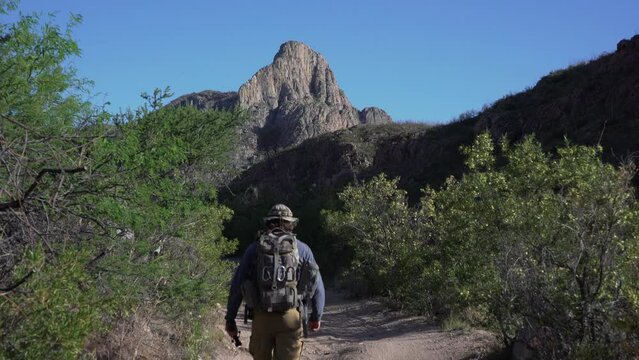 A man hiking towards a prominent desert mountain