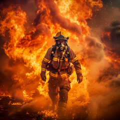 Naklejka premium Firefighter charging through a blazing inferno