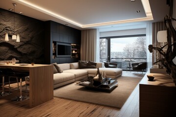 Fototapeta premium Luxurious interior of a modern living room with warm lighting and stylish decor