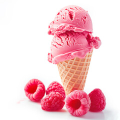 Raspberry ice cream in a waffle cone, garnished with whole fresh raspberries on a white background