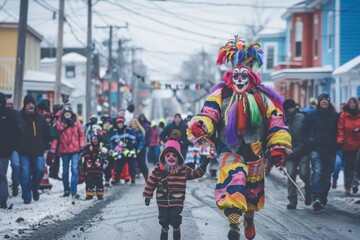 A man and child walking together on a street filled with snow during winter, A community coming together for a festive parade - Powered by Adobe
