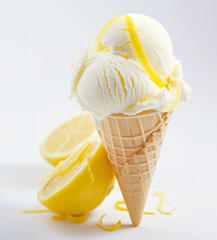 Lemon ice cream in a waffle cone with lemon peels and fresh lemon slices on white background