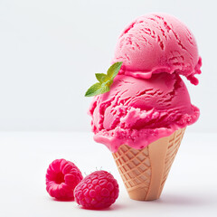 Raspberry ice cream in a waffle cone, and fresh berries on a white background