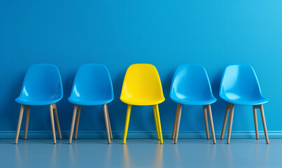 Yellow chair standing out from the crowd, business company hiring or recruiting new worker employees, suitable motivated candidates.