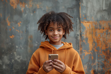 Smiling kid with phone against rustic backdrop
