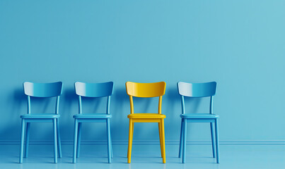 Fototapeta premium Search for worker, employees concept. Business company hiring new suitable motivated candidate, blue background with chairs.