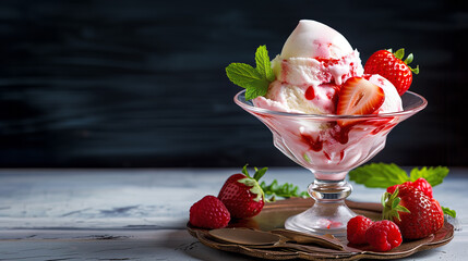 Vanilla ice cream with strawberry syrup in a glass bowl, garnished with fresh berries