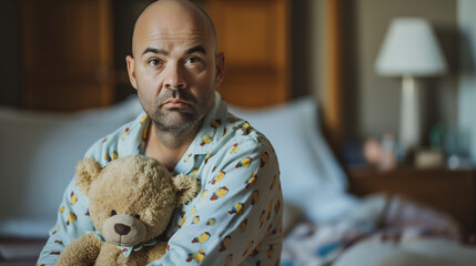 Adult man in pajamas with a teddy bear, suggesting he is an immature mummy's boy