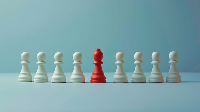Red Chess Pawn Standing Out Among White Pawns, Leadership Concept, Unique Strategy, Minimalistic Background, High Resolution