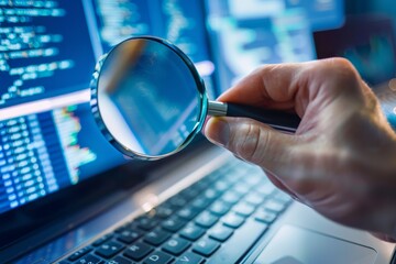 A person examining a laptop screen with a magnifying glass for computer forensics purposes, A computer forensics examiner recovering deleted data from a compromised system