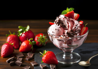 Strawberry ice cream topped with chocolate pieces in a glass bowl and fresh strawberries