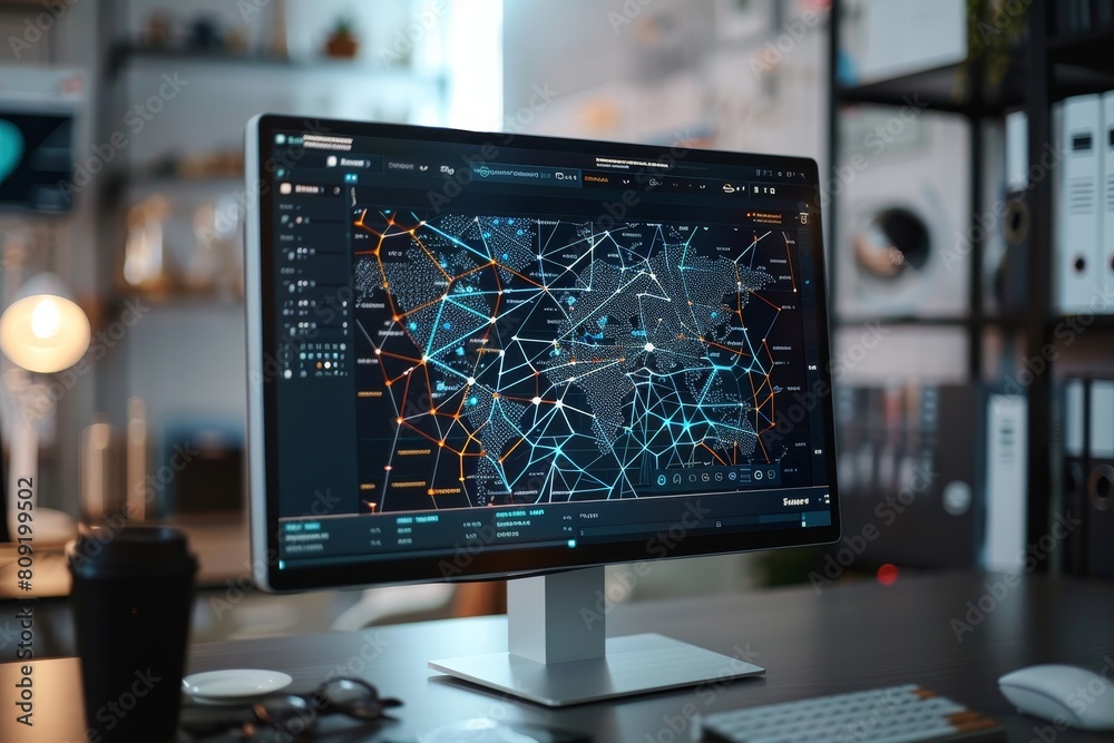 Poster A computer monitor displaying a 3D visualization, placed on top of a desk, A computer screen showing a 3D visualization of complex data structures in an office environment