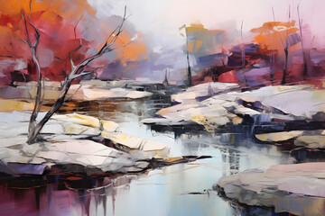 calming river beside rocky outcrop. abstract landscape painting, generative ai