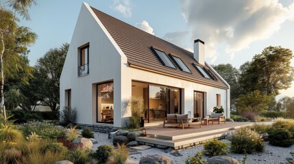 two story contemporary house in a single block, dormer, pitched roof with closed eaves, scandinavian style, with garden  