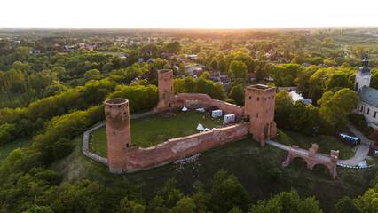 aerial view of the ruins of Czerski Castle in Poland in the spring at sunset