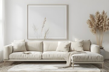 Blank horizontal poster frame mock up in Scandinavian style living room interior, modern living room interior background, beige sofa and pampas grass, 3d rendering
