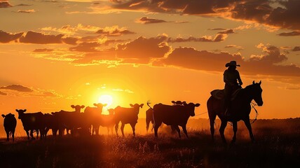 Silhouette of cowboy with cattle at dusk - Striking silhouette of a cowboy on horseback herding cattle against a vivid sunset backdrop