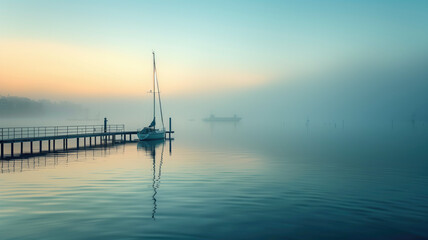 A tranquil morning scene at a harbor with a sailboat in misty conditions.