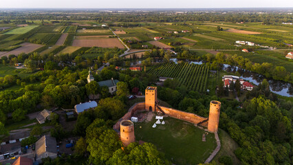 aerial view of the ruins of Czerski Castle in Poland in the spring at sunset