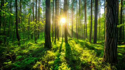 Obraz premium Vibrant image of a lush green forest with sunlight streaming through.