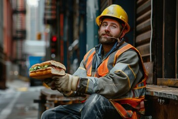 A man in a hard hat taking a break, holding a sandwich, A construction worker taking a break to refuel with a sandwich