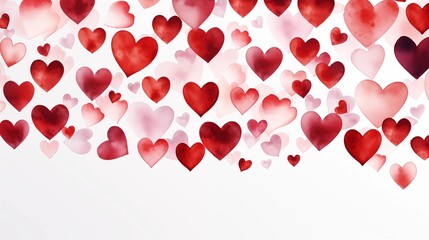 Assorted heart shapes with varying shades of red and pink floating on a white background