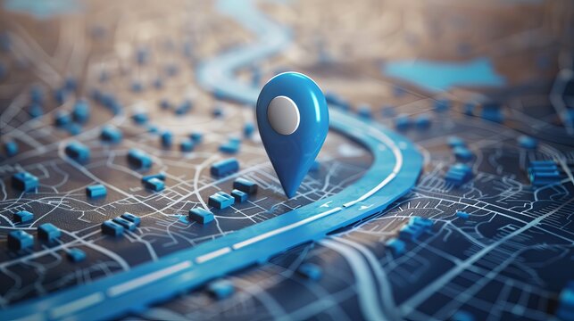 Road map of blue location pin icon symbol or gps travel route navigation marker and transportation place pointer direction street sign on city background with transport destination way. 3D render