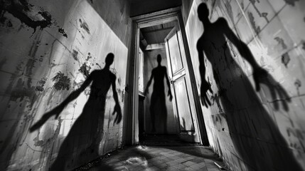 Naklejka premium Haunting depiction of psychosis, with shadowy figures lurking in the background