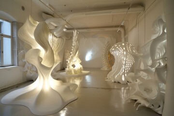 Room filled with white sculptures displayed next to a window in a contemporary art gallery, A contemporary art gallery with abstract sculptures and interactive installations