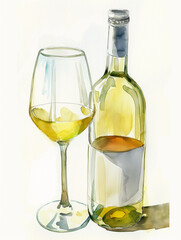 Garrafa de vinho em aquarela no fundo branco - Ilustração 