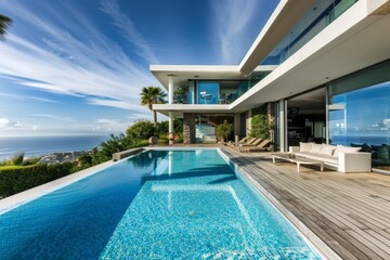 Obraz premium A contemporary villa features a large swimming pool in the front yard, A contemporary villa with minimalist design and infinity pool