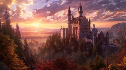 Fairy tale castle at dusk. 3d rendering