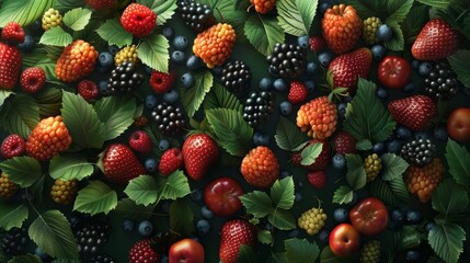 A close up of a variety of fruits including apples, blueberries, and strawberries. Concept of abundance and freshness, with the fruits arranged in a way that highlights their natural beauty