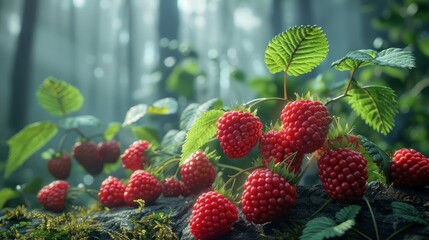 A close up of a bunch of red raspberries on a rock. The berries are ripe and ready to be picked....