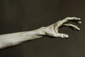 A hand with white paint applied, showing fingers and palm in a contorted position, A contorted arm, bent at an unnatural angle