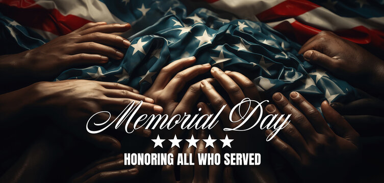 Diverse hands on the us flag for memorial day remembrance - Powered by Adobe
