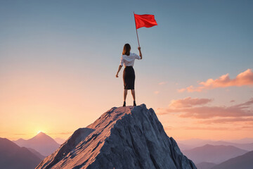 Obraz premium Victorious Ascent: Hiker with Red Flag on Mountain Top