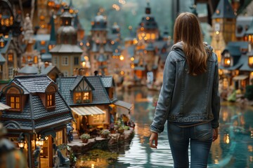 Obraz premium Woman observing an illuminated miniature town
