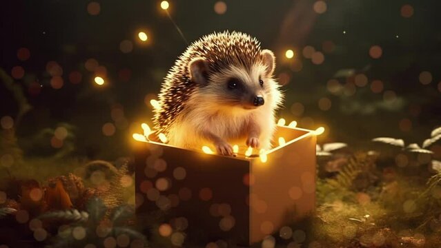 A cute hedgehog sits in a little box with garland and a beautiful forest