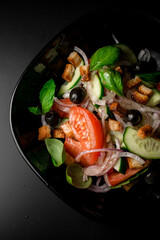 Top view of herb infused salad with olives, cucumber, tomato, purple onion, and croutons.