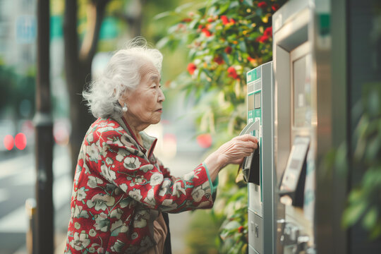 senior person, woman withdrawing money from ATM, using ATM