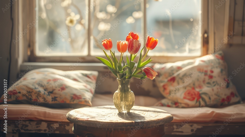 Poster a vase of tulips sits on a table next to two pillows. the scene is bright and cheerful, with the sun