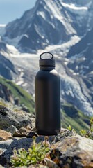 Reusable water bottle in mountainous landscape